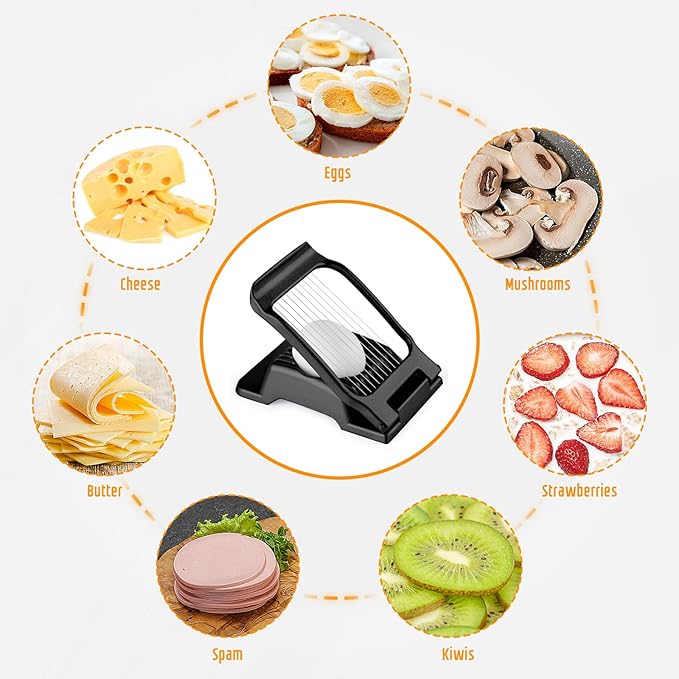 Egg Slicer for Hard Boiled Eggs, Stainless Steel Wire, Multipurpose Heavy Duty Aluminium Egg Cutter for Egg, Salads, Sandwiches, Strawberries, Mushrooms, Soft Cheese, Fruit, Black
