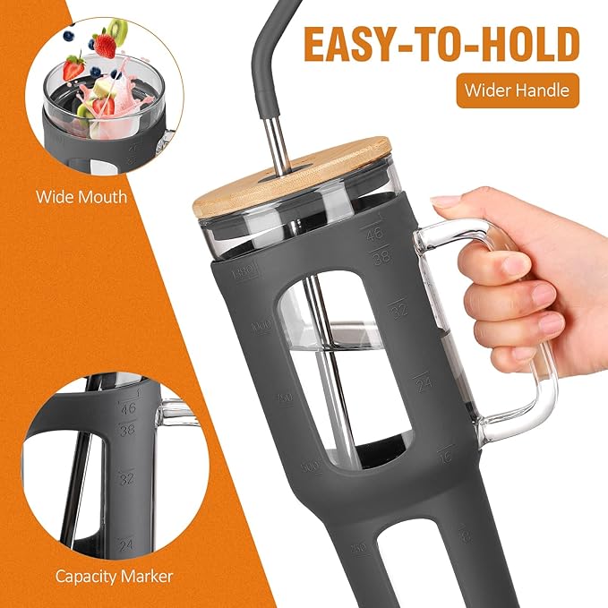 WINSA Glass Tumbler with Lid and Straw, 46 oz Iced Coffee Cup with Handle, Large Water Bottles with Silicone Sleeve, Glass Cup with Straws - Pearl Straw & Drinking Straw BPA Free-Grey