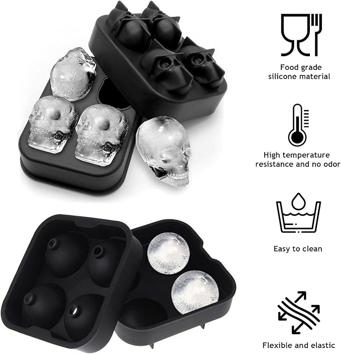 2 Pack Halloween Ice Cube Molds, Halloween Reusable Ice Cube Tray for Freezer, Black Silicone Ice Cube Tray with Lid, 3D Skull & Sphere Ice Cube Molds for Whiskey, Cocktails, Homemade Cold Drinks