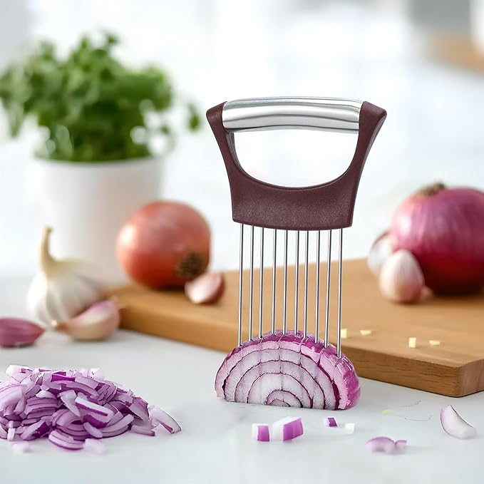 Stainless Steel Onion Holder for Slicing,Onion Slicer Holder, Onion Cutter for Slicing of Onions, Tomatoes,Avocados,Eggs and Other Vegetables,Kitchen Utensils Gift (Wine Red)