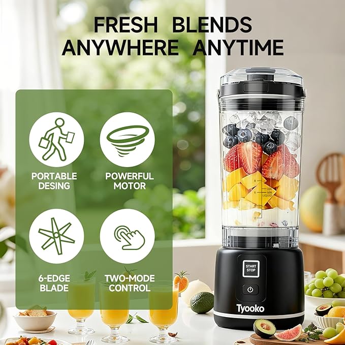 Portable Blender for Smoothies and Shakes, 18oz Rechargeable Electric Personal Juicer Cup with Dual Mode, 6 Sharp Blade Drink Mixer Bottle with Leakproof-Lid & Sip Spout for Kitchen/Travel/Gym