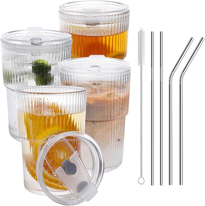 16 OZ Iced Coffee Cups with Lids and Straws Set of 4, Unbreakable Plastic Drinking Glasses Reusable Iced Coffee Glass to Go Cup for Iced Tea,Juice, Water,BPA Free, Dishwasher Safe