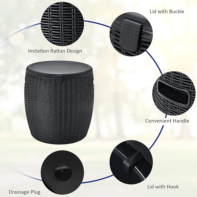 Giantex 9.5 Gallon Ice Cooler, Wicker Round Ice Chest, Outdoor Beer Wine Ice Bucket, Top Lid Side Handles Drainage Plug, Weather-resistant Patio Cool Bar Table for Cocktail Party Poolside Deck
