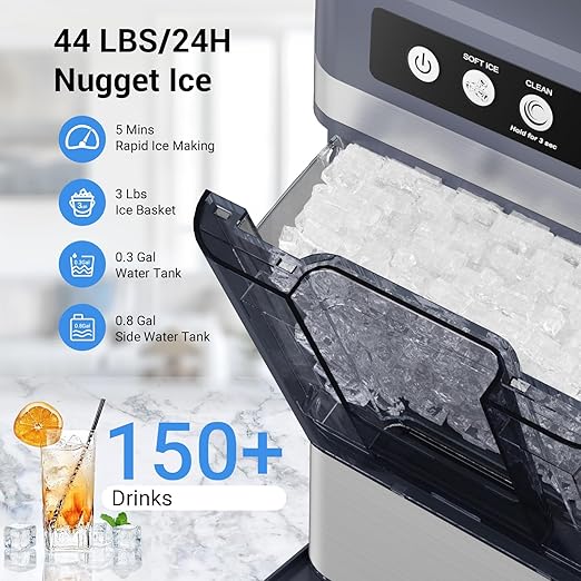 Nugget Ice Maker Countertop 44 Lbs/24h, Chewable Nugget Ice Machine with Side Water Tank, Ready in 5-10 Mins, Self-Cleaning Pellet Ice Machine,Stainless Steel,Scoop Included