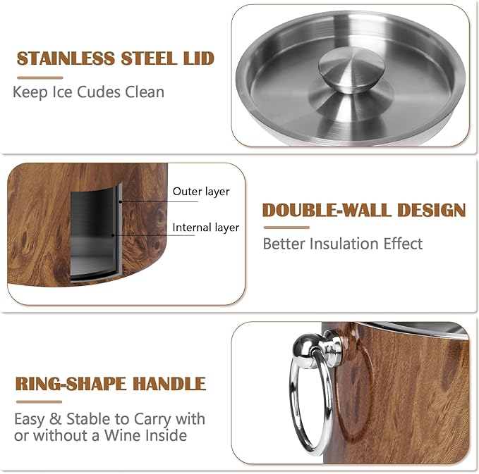 Ice Bucket with Lid & Tong- Well Made Insulated Stainless Steel Keep Ice Frozen Longer - Ideal for Cocktail Bar, Parties, Chilling Wine, Champagne - 3 Liter (Teakwood)