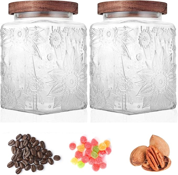 Custde Glass Storage Jars With Airtight Lid, 23.7oz Container For Kitchen Counter with Wood Lid, brown sugar, candy, coffee, cookie, salt, tea, cute Jar (Square Sunflower)
