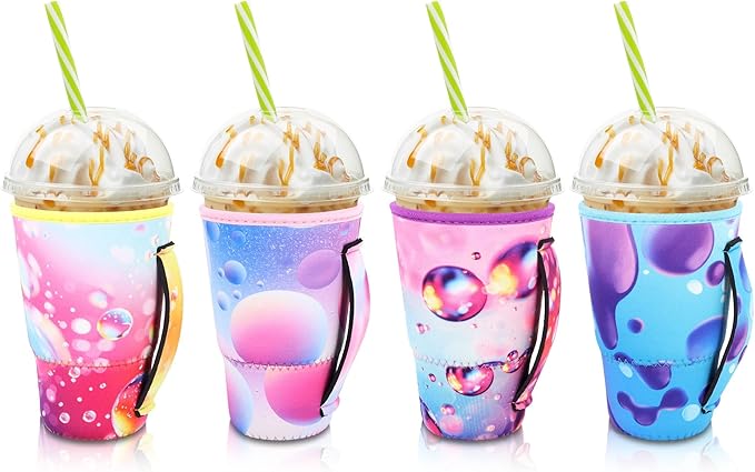 4Pack Reusable Iced Coffee Sleeve Insulator Sleeves for Cold Drinks Beverages, Neoprene Cup Holder for Most Coffee, Fits 30-32oz Large Cups (Gradient with Handle)