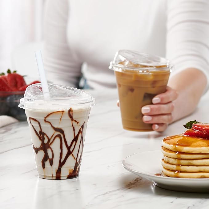 GUSTO Clear Plastic Cups with Lids [12 oz - 100 Count] - Disposable Iced Coffee Drink Cups with Strawless Sip Lids for Smoothies, Juices, and More - (Formerly Comfy Package)