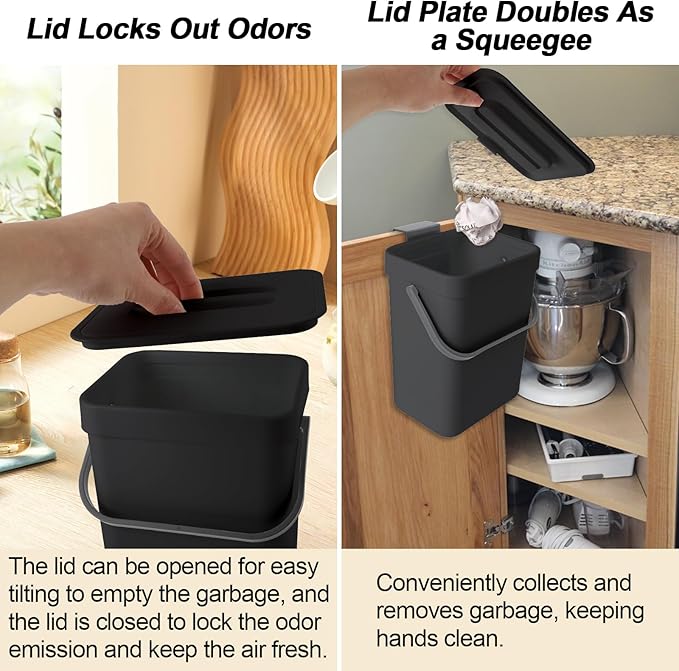 Compost Bin Kitchen, Includes 100 Trash Bags, Hanging Trash Can with Lid, Features Pet-Proof, Odor-Proof, and Quiet Opening/Closing. Suitable for Bathrooms/Bedrooms/Offices (Black, 0.8Gal/3L)