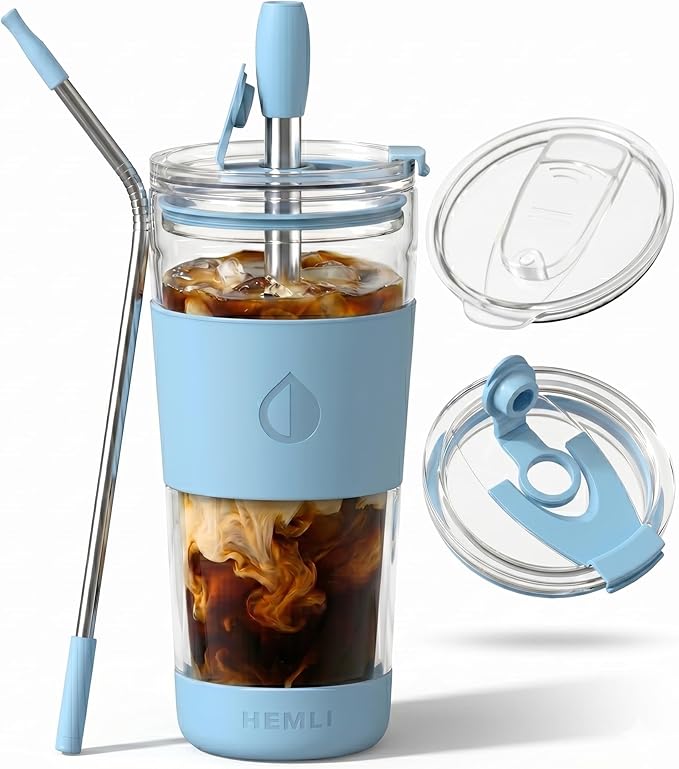 19 oz. Double Wall Glass Coffee Tumbler, To Go Travel Mug with Lid, Portable Glass Thermos with Straw, Reusable Cup, Tea, Smoothies, Ice Coffee, and Boba