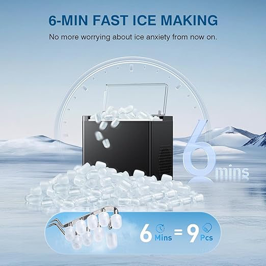 Ice Makers Countertop, 9 Ice Cubes in 6 Mins Portable Ice Maker, 2 Sizes of Bullet Ice (S/L) Small Ice Machine for Home Kitchen Camping (Sable)