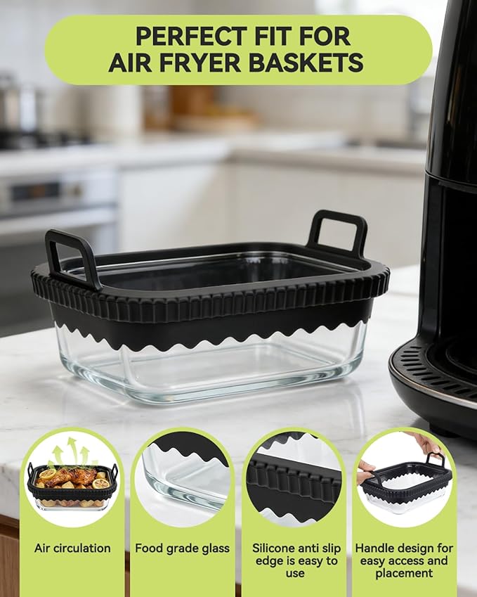Air Fryer Glass Liner Reusable with Removable Silicone Ring, Air Fryer Accessories for Ninja Foodi DZ201/DZ401/DZ550, for COSORI/Chefman/Instant, Heat-Resistant, Dishwasher Safe & BPA-Free