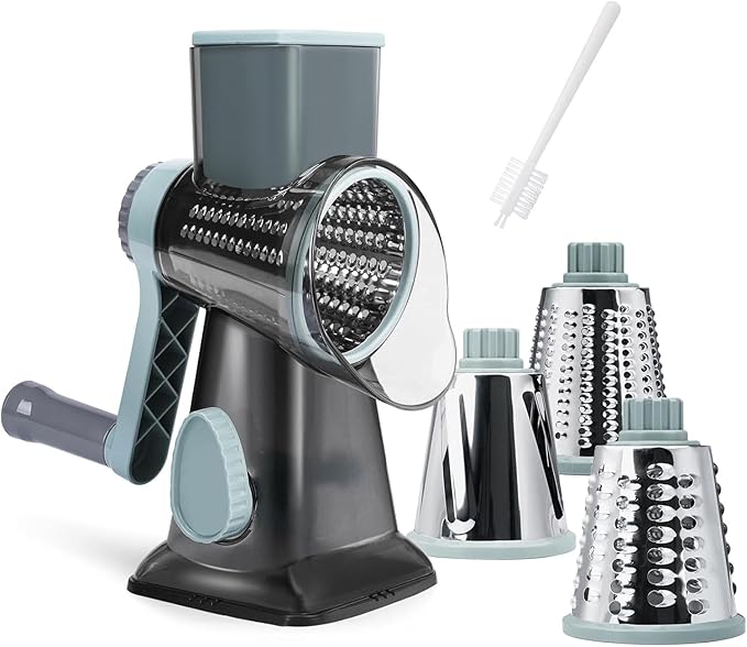 Cheese Grater Hand Crank, Manual Cheese Shredder with 3 Interchangeable Blades, Rotary Cheese Grater with Strong Suction Base, Easy to Use and Clean, GreyBlue