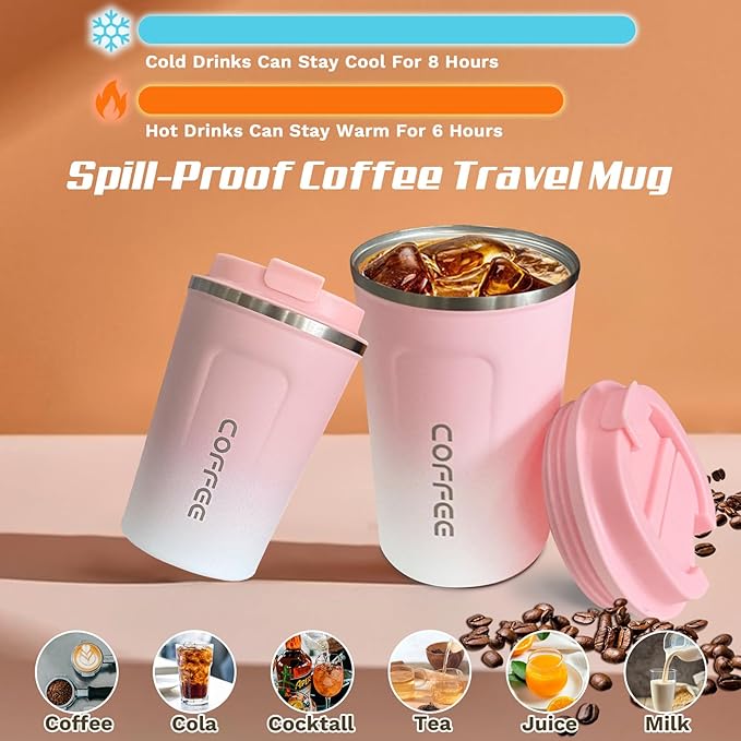 SPLMIFA Travel Coffee Mug Leak-Proof, Reusable Coffee Cups with Lids, Stainless Steel Vacuum Insulated Coffee Tumblers, Thermal Insulation Cup for Men and Women Hot & Cold Drinks(2nd-Pink White, 12OZ)