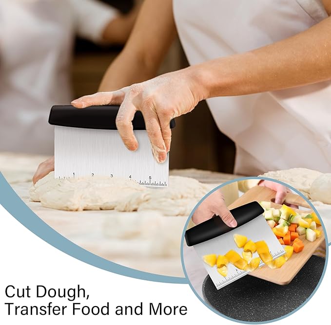 Ecavria Bench Scraper, Premium Stainless Steel Dough Scraper with 2 PCS Flexible Bowl Scraper, Dough Cutter with Measuring Scale, Versatile Kitchen Scraper Set for Pastry Bread Pizza Cake