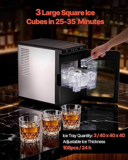 VEVOR Countertop Ice Maker, 22 lbs per Day, Self-Cleaning Portable Machine with Tong, Drawer-Style Ice Access, Ice-Making Machine with Large Square Cubes, for Cocktails & Whiskey