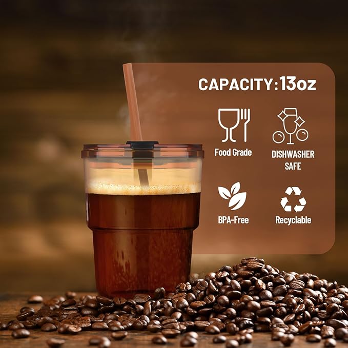 Luxfuel 13 oz Tumbler Water Glass Cups with Straw & Lid, Reusable Iced Coffee, Tea Cups, Leak-Proof Thick Wall Travel Glass Tumbler for Home, Office, Car Cup Holder Friendly, BPA Free (Amber, 1 Pack)