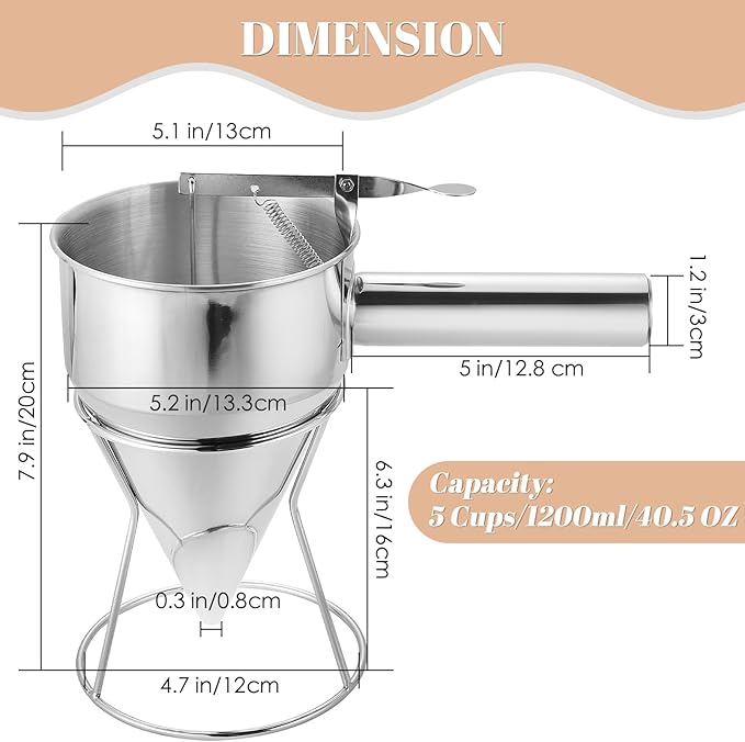 MAOPINER 1200ML 40.5OZ Stainless Steel Pancake Batter Dispenser, Piston Funnel Cake Maker Dispenser, Commercial Chocolate Confectionery Funnel with Stand for Takoyaki and Baking