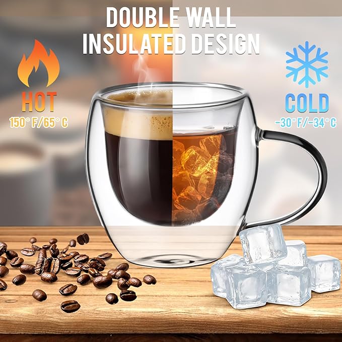 12 Pack Espresso Cups Double Wall 5oz Hand Blown Glass Coffee Mugs Clear Insulated Glass Coffee Shots Cups with Handle for Espresso Machine, Cappuccino, Latte, Tea