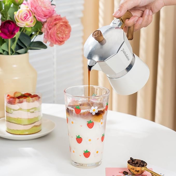 Olvini 15oz Glass Tumbler with Glass Straw and Lid, Cute Iced Coffee Cups, Aesthetic Glass Cups, Coffee Tumbler, Water Cup, Matcha Cup, Drinking Glasses (Strawberry)