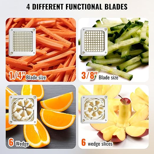 VEVOR Commercial French Fry Cutter with 4 Replacement Blades, 1/4" and 3/8" Blade Easy Dicer Chopper, 6-wedge Slicer and 6-wedge Apple Corer, Lemon Potato Cutter for French Fries with Extended Handle