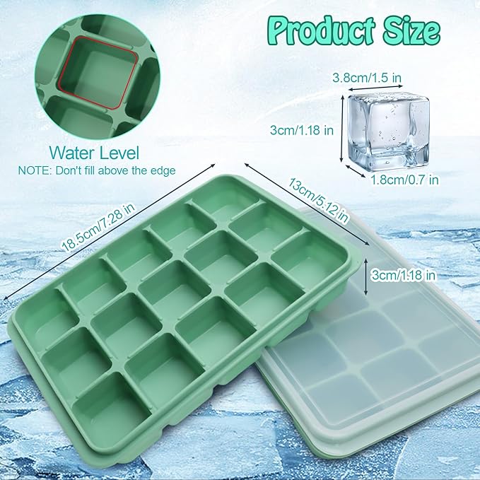 2 Pcs Easy Release Ice Cube Trays, Bamboo Green Flexible Silicone Ice Cube Molds Removable Lid Stackable for Whiskey, Beverages, Baby Food (15 cubes 0.7oz)
