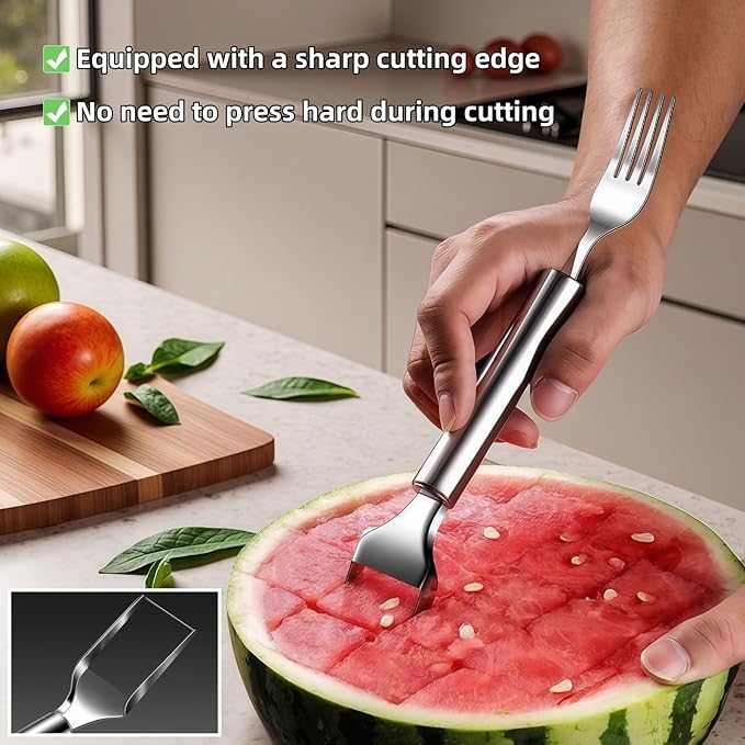 2-in-1 Stainless Steel Watermelon Slicer & Fork | Easy Cut, Serve, Enjoy | Kitchen & Camping Must-Have Tool for Fruit Salad, Parties, BBQ | Dishwasher Safe & Rust-Proof