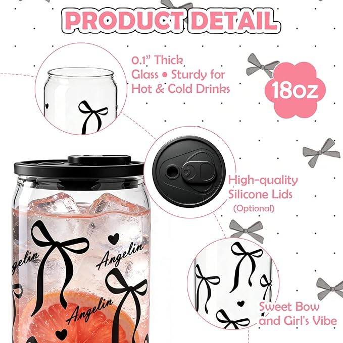 Mason Life Personalized Cups with Coquette Bows-Can Shaped Glass with Lids and Straws-18OZ Iced Coffee Cups -Cute Glass Tumbler Birthday Thanksgiving Christmas Gift for Women