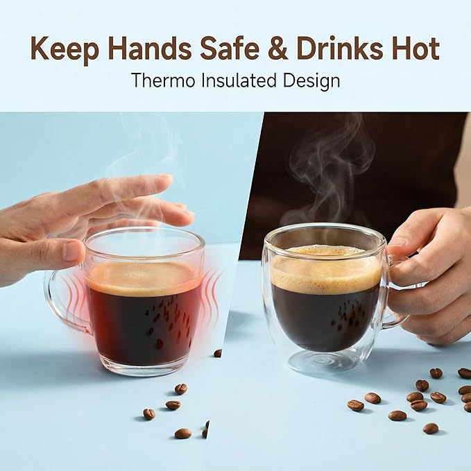 Double Wall Glass Espresso Cups 5oz/150ml, A set of 2, Thermo Insulated Borosilicate Glass Cups with Handle