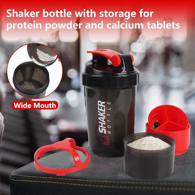 Protein Shaker Bottle,Sports Water Bottle,Leak Proof Shake Bottle For Protein Mixer,Non Slip 3 Layer Twist Off 3oz Cups with Pill Tray,Workout Shaker Bottle 16oz,Red