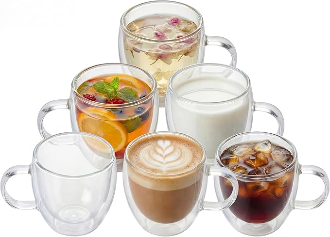 MESNEY Double Wall Insulated Espresso Cups & Mugs, Set of 6, 6.7 oz, Clear Glass for Coffee, Latte, Macchiato, Cappuccino & Tea, Dishwasher Safe