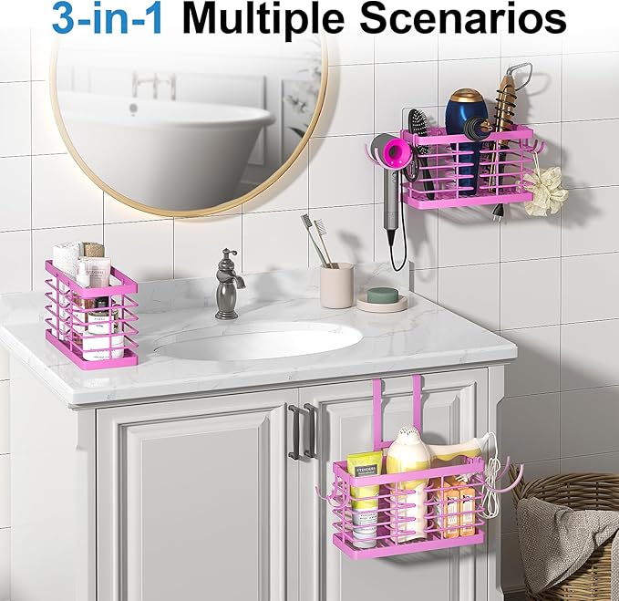 Sevenblue Hair Tool Organizer, 3-in-1 Universal Hair Dryer Holder, Adjustable Height Metal Blow Dryer Holder Wall Mounted/Over Cabinet Door/Free-Standing (Pink)