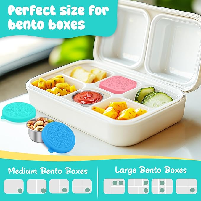 LIEMAND 6PCS Salad Dressing Container to Go, Leakproof Reusable Stainless Steel small container with lid,Sauce Containers for Lunch box,Picnics,Travel,Office and Meal Prep-1.6+2.7 Sets