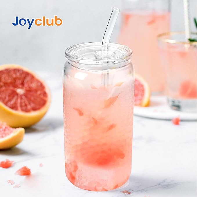 Joyclub 12pcs Glass Cups with Acrylic Lids and Straws 16 oz Can Shaped Glass Iced Coffee Cups with Lids and Straws, Cute Tumbler Cup Drinking Glasses for Smoothie Whiskey Boba Soda Tea Gift