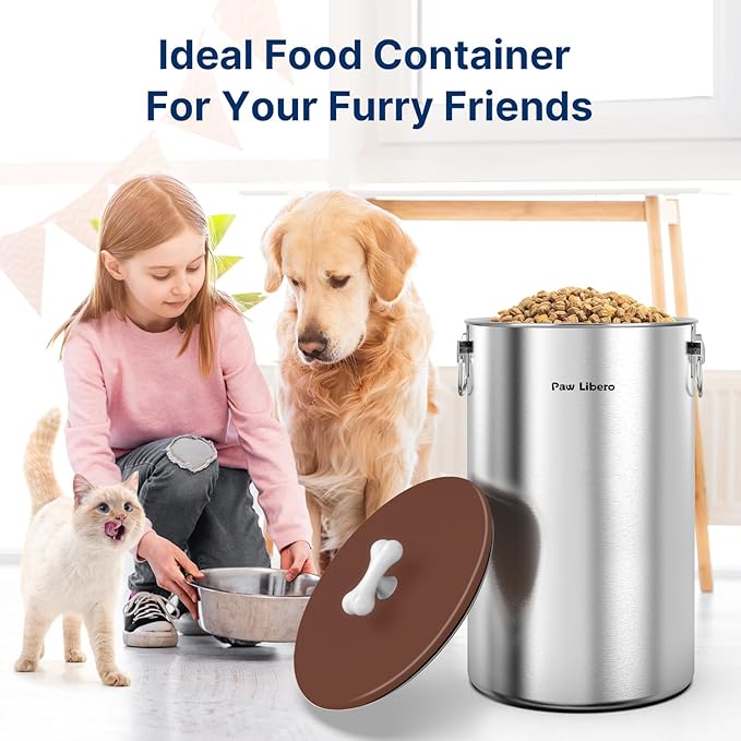 Paw Libero 35 Lbs Stainless Steel Dog Food Storage Container with Airtight Lid & Ceramic Bone Handle, Large Metal Dog Food Bin for Dogs & Cats, Keep Fresh, Easy to Clean