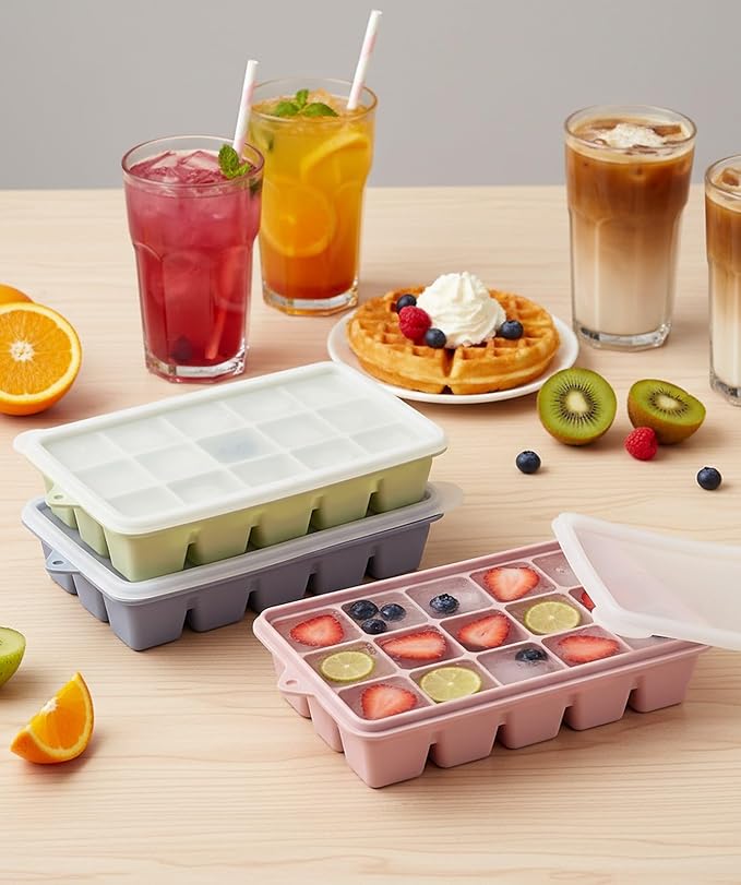 Upgraded Silicone Ice Cube Trays For Freezer with Lid, Spill-Proof Easy Release Silicone Ice Trays with Lids for Freezer, Coffee, Drinks, Cocktail, Baby Food, Juice, BPA Free, 3Pack