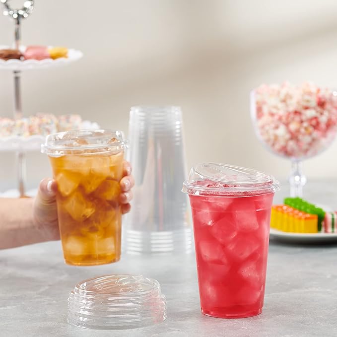 GUSTO Clear Plastic Cups with Lids [20 oz - 100 Count] - Disposable Iced Coffee Drink Cups with Strawless Sip Lids for Smoothies, Juices, and More - (Formerly Comfy Package)
