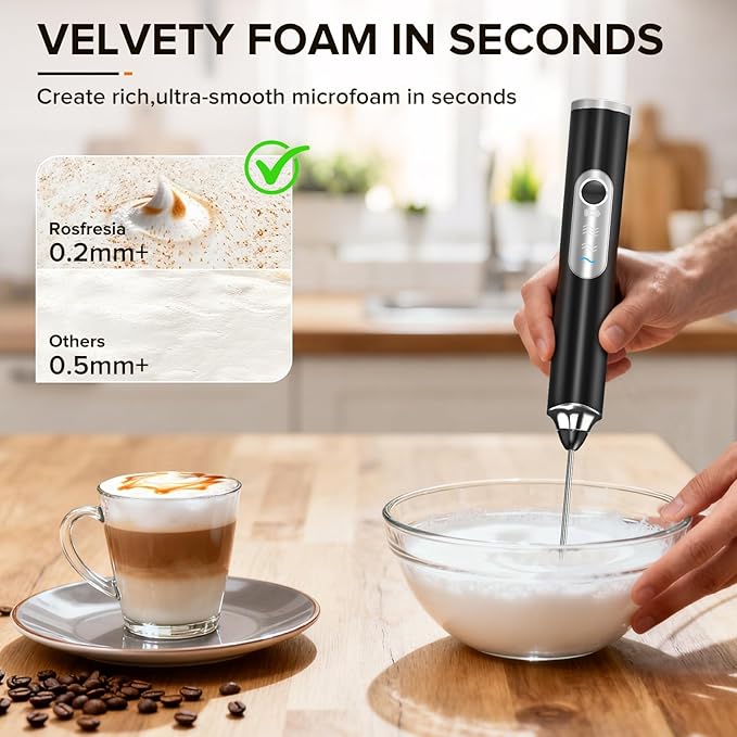 Milk Frother Handheld, 3-Speed Frother Wand Rechargeable, with 3 Detachable Whisks, Coffee Frother for Coffee,Latte, Cappuccino, Matcha, Hot Chocolate & Eggs, Electric Whisk Drink Mixer (Black)
