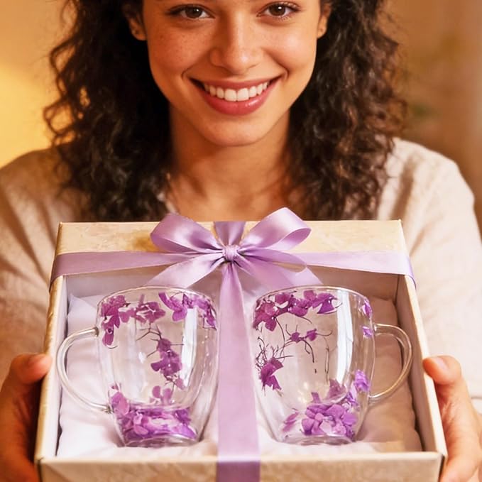 Viovian 13oz Double Wall Glass Coffee Mugs Set of 2 Insulated Glass Coffee Cups with Handles,Clear Dried Flower Tea Mug for Hot Beverages,Tea Cup Women Birthday Gifts