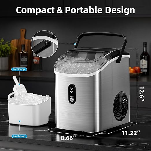 Antarctic Star Nugget Ice Maker Countertop, 35lbs/24H Ice Machine, Soft Chewable Sonic Ice, Self-Cleaning, Fast Ice Ready in 8 Minutes, Compact Design with Handle, Stainless Steel Silver