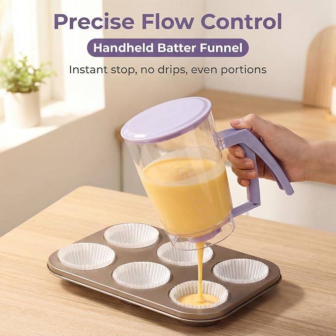 Pancake Batter Dispenser with Squeeze Handle – Evenly Dispense Batter for Pancakes, Waffles, Brownie, Cupcakes, Muffins & Crepes – Baking Tool with Measurement Scale for Breakfast, Easy Clean