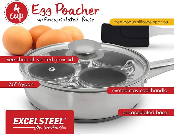 EXCELSTEEL Non Stick Easy Use Rust Resistant Home Kitchen Breakfast Brunch Induction Cooktop Egg Poacher, 4 Cups, 18/10 Stainless Steel