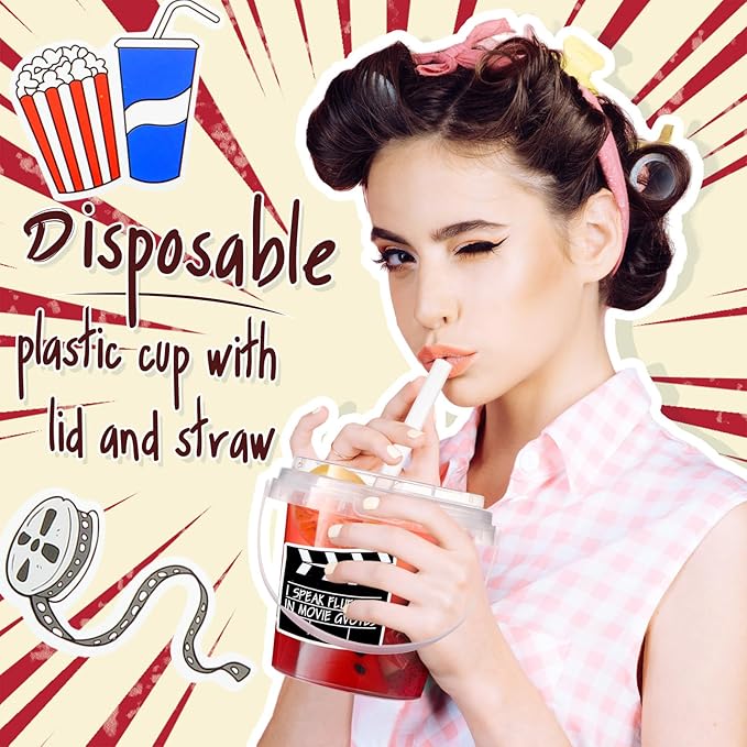 Funnymoom 30 Set Movie Night Clear Plastic Cups with Lids & Straws 24oz Disposable Rum Drink Buckets Bulk for Cocktail Parties with Handles & Stickers for Holiday Birthday Beach Pool Party Supplies