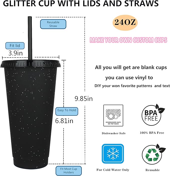 Suertestarry Tumbler with Straw and Lid,Water Bottle Iced Coffee Travel Mug Cup,Reusable Plastic Cups,Perfect for Parties,Birthdays… (Black, 5pack)
