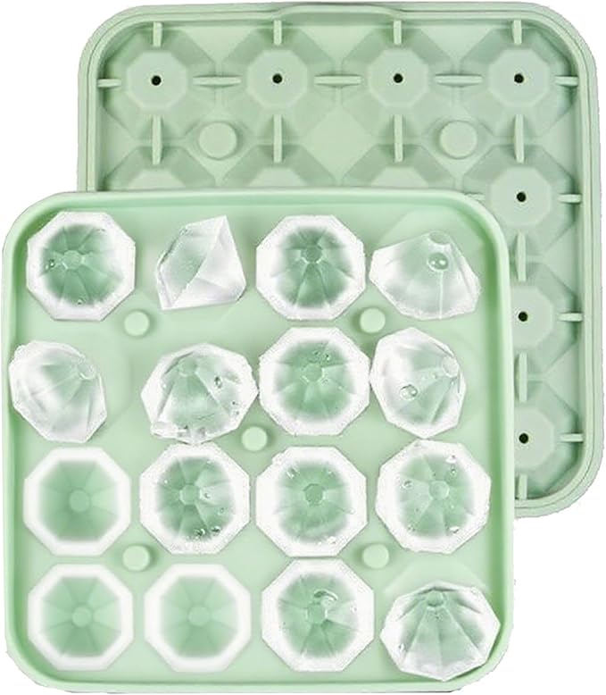 Tiny Diamond Ice Molds 2 Pack, Small Diamond-Shaped Silicone Ice Cube Trays 16 Cubes Per Tray, Easy Release, BPA-Free and Stackable, Mini Ice Cube Trays with Lid Green