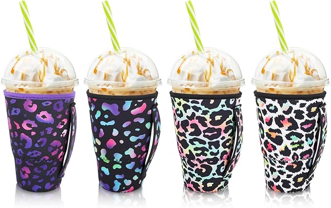 4Pack Reusable Iced Coffee Sleeve Insulator Sleeves for Cold Drinks Beverages, Neoprene Cup Holder for Most Coffee, Fits 30-32oz Large Cups (Rainbow Leopard)