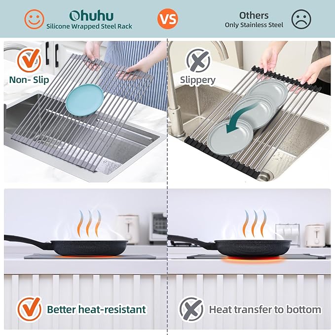 Ohuhu Over Sink Dish Drying Rack, Silicone Wrapped 17.6" W x 15.4" L Large Over The Sink Roll Up Dish Drainer - Foldable Sink Drying Rack Rolling Drain Mats Anti-Slip Multipurpose for Kitchen Counter
