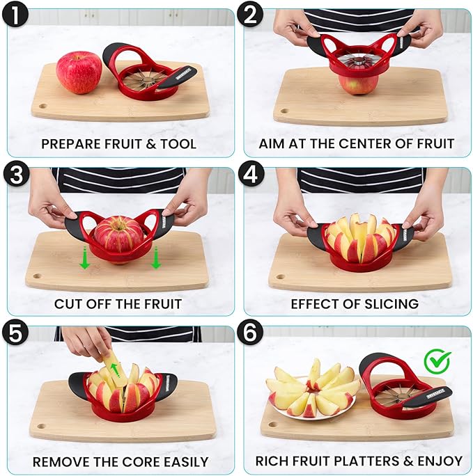 SCHVUBENR 12-Blade Apple Slicer and Corer - 4.72 Inch Sharp Stainless Steel Apple Cutter - Professional Apple Divider Tool for Quick Slices - Easy to Use & Clean - Slice Fruits with Ease - Red