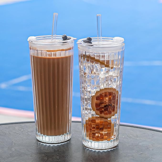 20oz Glass Tumblers with Lids and Straws - Stylish Vintage Ribbed Design for Iced Coffee, Juice, Smoothies, Milkshakes, Cold Beverages & Whiskey Cocktail Beer (Pure Vertical Stripes)