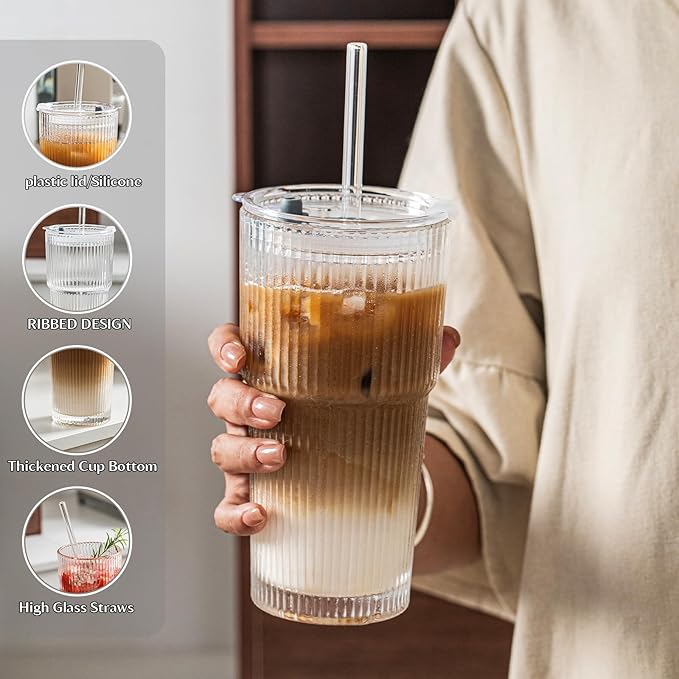 INSETLAN 20 oz Ribbed Glass Tumblers with Lids and Glass Straws – 2-Piece Glassware Set, Heavy-Duty Tumblers, Ideal for Iced Coffee, Smoothies, Cocktails, and Juices – Elegant and Durable Drinkware